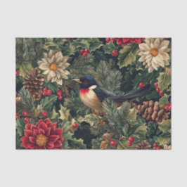 Mooie vogel op takken van een pijnboom met bloemen tissuepapier