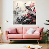 Mooie vogel roze kersenbloesem Aziatische kunst Canvas Afdruk