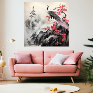Mooie vogel roze kersenbloesem Aziatische kunst Canvas Afdruk