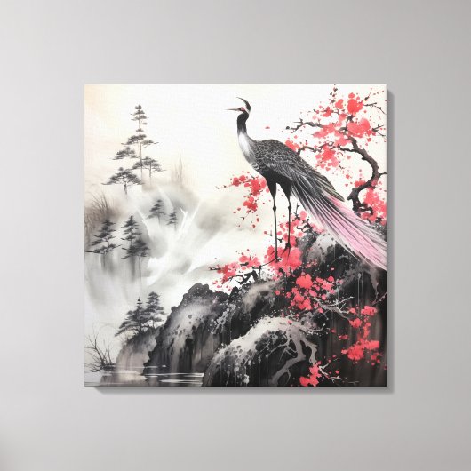 Mooie vogel roze kersenbloesem Aziatische kunst Canvas Afdruk (Voorkant)