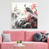 Mooie vogel roze kersenbloesem Aziatische kunst Canvas Afdruk (Insitu (Woonkamer))