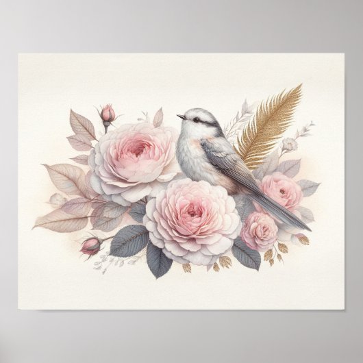 Mooie Vogel & Rozen Kunst Poster (Voorkant)