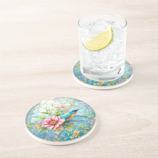 Mooie vogel tussen de bloemen zandsteen onderzetter (Zijkant)