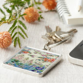 Mooie vogelbloemen Glas in lood Kunst Sleutelhanger (Zijkant)