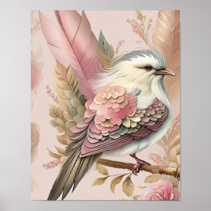 Mooie Vogelprint Roze Ivoorkleurige Veren Rozen Poster