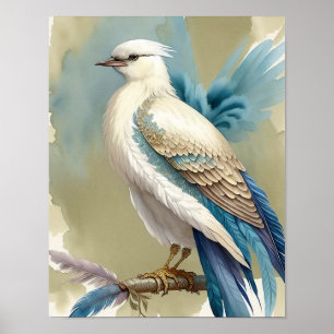 Mooie Vogelprint Veren Turkoois Blauw Ivoor Goud Poster