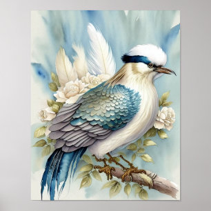 Mooie Vogelprint Veren Turkoois Blauw Ivoor Salie Poster