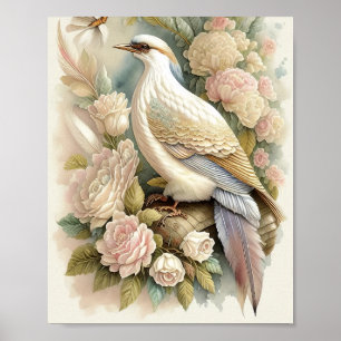 Mooie Vogelprint Veren Zachte Neutralen Rozen Poster