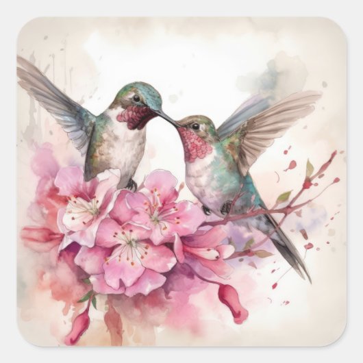 Mooie vogels en bloemen vierkante sticker (Voorkant)