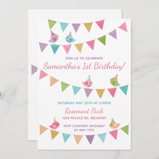 Mooie vogels op een vlaggetjeslijn uitnodiging aan (Voorkant / Achterkant)