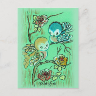 Mooie vogels op rozenstruik briefkaart