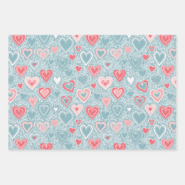 Mooie Volkse Bloemhart Stof Blauw Roze Baby Shower Inpakpapier Vel