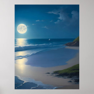 Mooie Volle Maan Ocean Art Poster