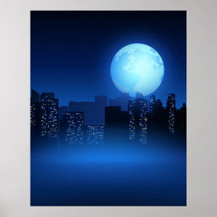 Mooie volle maan 's nachts op stadsgezicht poster