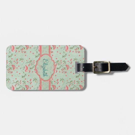 Mooie  voorjaarsfloraal en flamingo bagagelabel (Voorkant horizontaal)