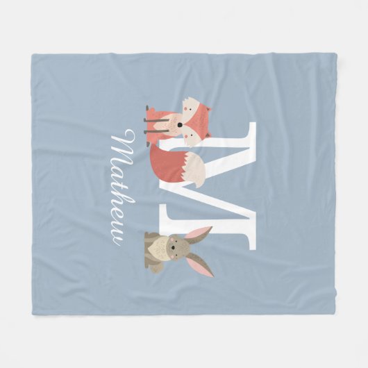 Mooie vos en konijn bosdieren monogram blauw fleece deken (Voorkant (Horizontaal))