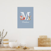 Mooie vos en konijn bosdieren monogram blauw poster (Keuken)