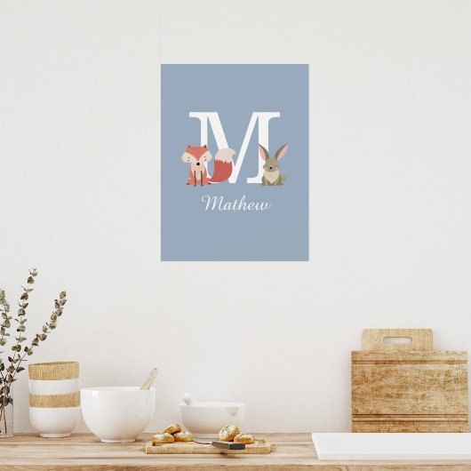 Mooie vos en konijn bosdieren monogram blauw poster (Keuken)