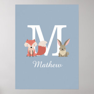Mooie vos en konijn bosdieren monogram blauw poster