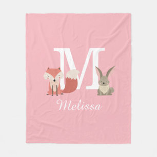 Mooie vos en konijn bosdieren monogram roze fleece deken