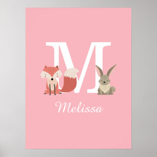 Mooie vos en konijn bosdieren monogram roze poster