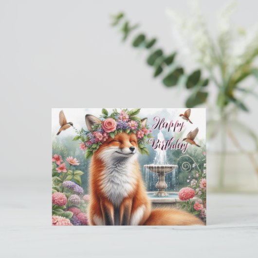 Mooie vos met bloemenkrans Gelukkige verjaardag an Briefkaart (Staand voorkant)