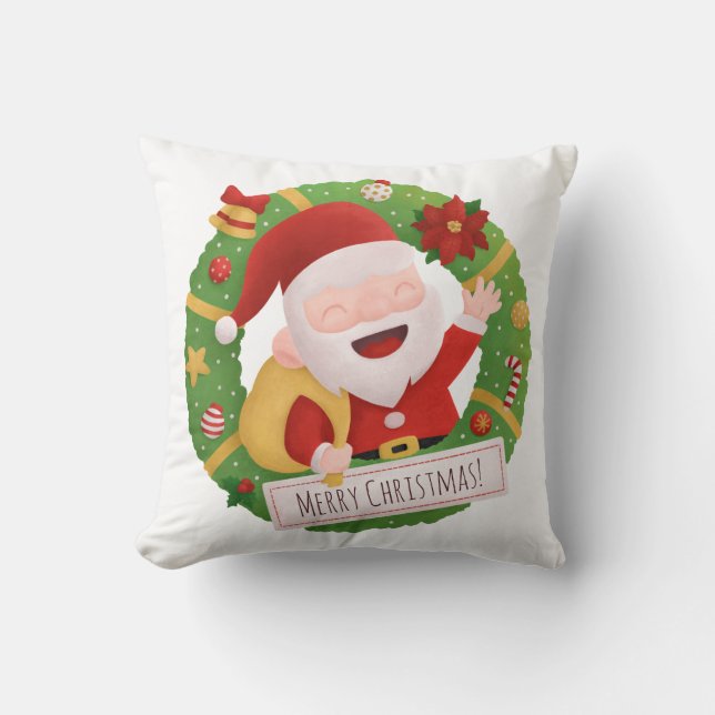Mooie vrolijke kerstman Kerstkrans Worp Kussen (Voorkant)