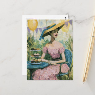 Mooie vrouw aan de cupcake feesttafel collage briefkaart
