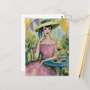 Mooie vrouw aan de cupcake feesttafel collage briefkaart