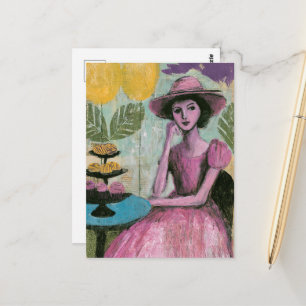 Mooie vrouw aan de cupcaketafel briefkaart