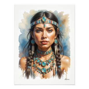 Mooie vrouw boho Native American met sieraden Foto Afdruk
