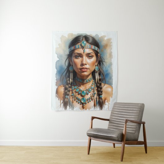 Mooie vrouw Boho Native American met sieraden Wandkleed (In situ)