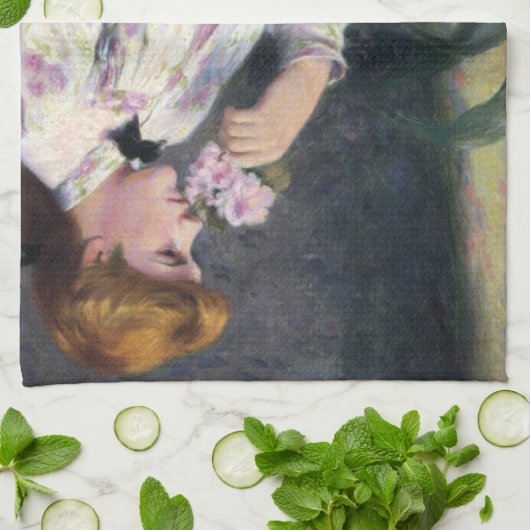 Mooie vrouw die bloemen geur ruikt (Reverie) Theedoek (Gevouwen)