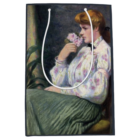 Mooie vrouw die bloemparfum ruikt, bloem medium cadeauzakje (Voorkant)