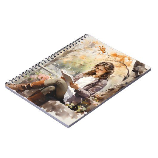 Mooie vrouw die een boek leest op Park Waterverf Notitieboek (Linkerzijde)