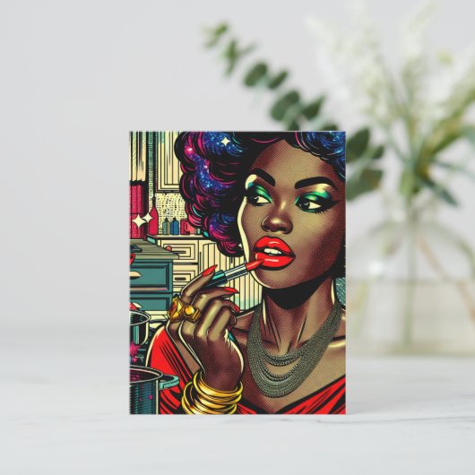 Mooie vrouw die lippenstift aandoet briefkaart (Staand voorkant)