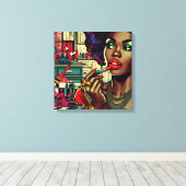 Mooie vrouw die lippenstift aandoet canvas afdruk (Insitu (Houten vloer))