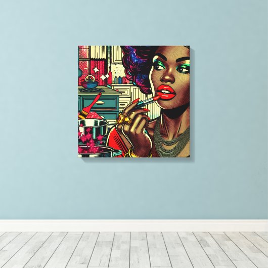 Mooie vrouw die lippenstift aandoet canvas afdruk (Insitu (Houten vloer))