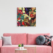 Mooie vrouw die lippenstift aandoet canvas afdruk (Insitu (Woonkamer))