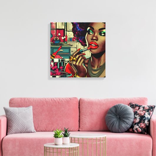 Mooie vrouw die lippenstift aandoet canvas afdruk (Insitu (Woonkamer))