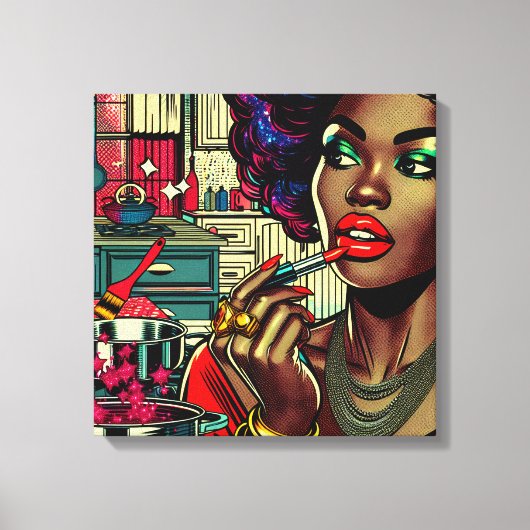 Mooie vrouw die lippenstift aandoet canvas afdruk (Voorkant)