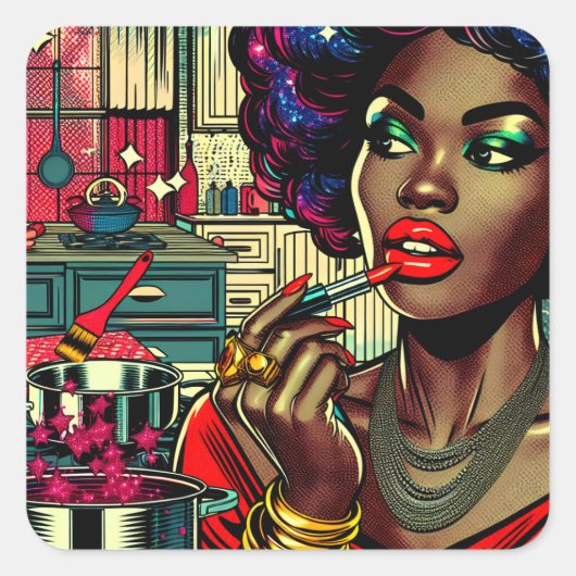 Mooie vrouw die lippenstift aandoet vierkante sticker (Voorkant)