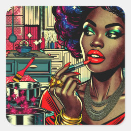Mooie vrouw die lippenstift aandoet vierkante sticker
