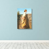 Mooie vrouw die over de muur kijkt () canvas afdruk (Insitu (Houten vloer))