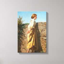 Mooie vrouw die over de muur kijkt () canvas afdruk