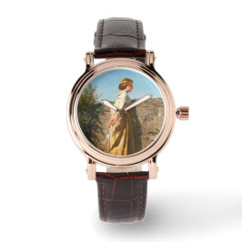 Mooie vrouw die over de muur kijkt () horloge