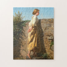 Mooie vrouw die over de muur kijkt ()