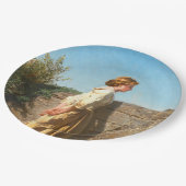 Mooie vrouw die over de muur kijkt () papieren bordje (Gekanteld)