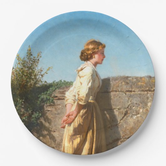 Mooie vrouw die over de muur kijkt () papieren bordje (Voorkant)