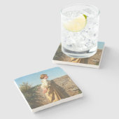 Mooie vrouw die over de muur kijkt () stenen onderzetter (Zijkant)